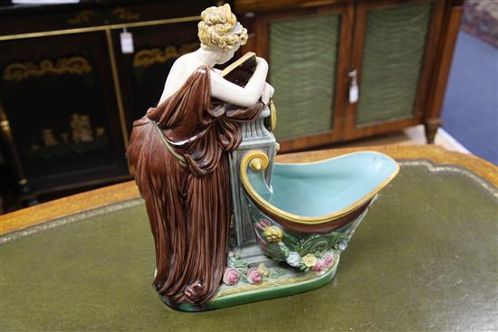 A rare Mintons majolica The Reader Flower Holder, modelled by Albert Carrier-Belleuse, date code for 1873, 49cm, old restoration